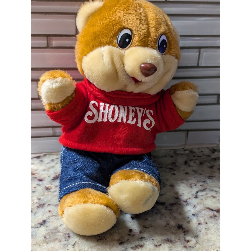 Vintage Shoneys Restaurant Teddy Bear Plush Mascot Red Sweatshirt Denim Overalls